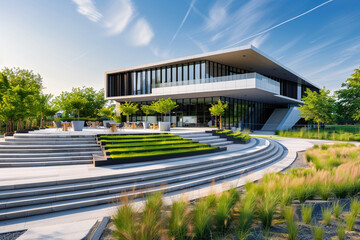 A modern office building with an outdoor amphitheater, surrounded by greenery and designed for corporate and public events