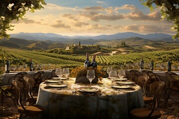 Beautifully arranged table stands ready for a feast amongst the vines of a scenic vineyard at sundown