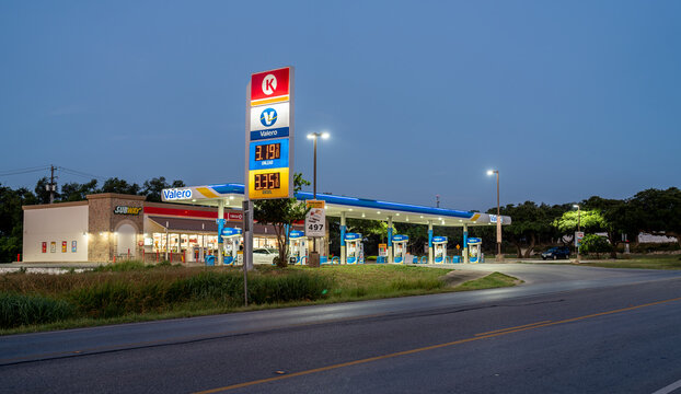 A Circle K convenience store and a Valero gas station with a Subway sandwich shop, unleaded, diesel, Marlboro, Bergheim, Texas