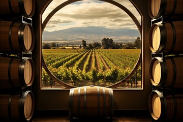 Scenic perspective of vineyard landscape seen from the interior of a rustic barrel room