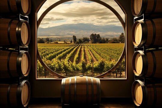 Scenic perspective of vineyard landscape seen from the interior of a rustic barrel room