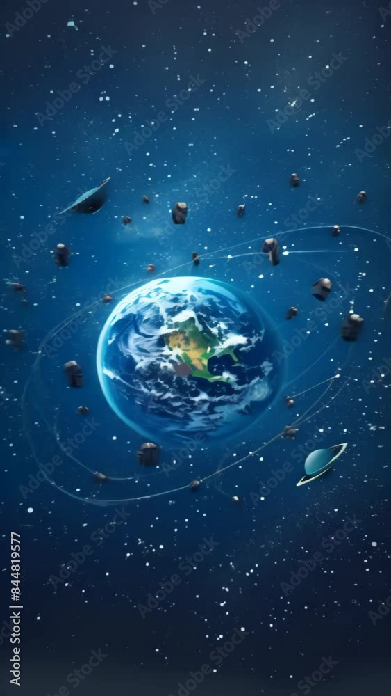 Poster planet earth surrounded by satellites and space debris in outer space. high-resolution space photogr