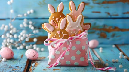 Easter bunny gingerbread cookies presented in a pink polka dot gift bag on a blue wooden table