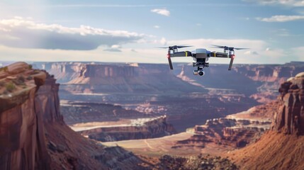 A modern drone soars through the air, capturing stunning aerial photography over a vast canyon landscape