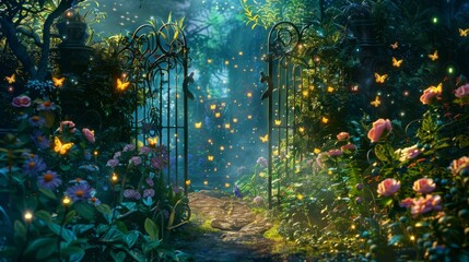 A magical secret garden hidden behind a grand ornate gate, illuminated by fireflies and glowing with exotic flowers