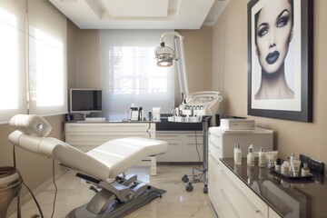 Modern Professional Skincare Clinic Interior with Treatment Room and Makeup Therapy Aesthetics