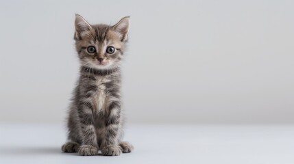 Fototapeta premium Gray-brown kitten sitting and looking at the camera with a serious expression, isolated on a neutral background, with copy space 