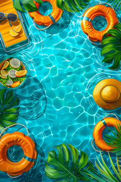 Vibrant Summer Pool Party with Colorful Inflatable Rings, Straw Hats, and Orange Slices in Sparkling Blue Water