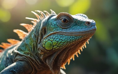 a close up of an iguana s face with a green and orange head
