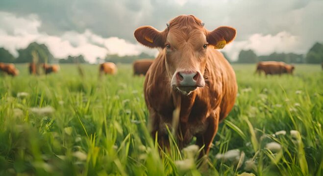 Stud beef Hereford cows in a field on a farm in England. English cattle grazing on pasture in springtime. Green grass growing in a paddock on a sustainable agricultural ranch