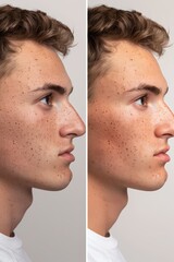 Obraz premium Before and After Photos of Pigmented Spots Removal on Man's Face Through Effective Laser Treatment