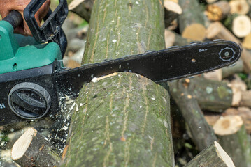 A man is sawing a tree with a chainsaw. A young near his house