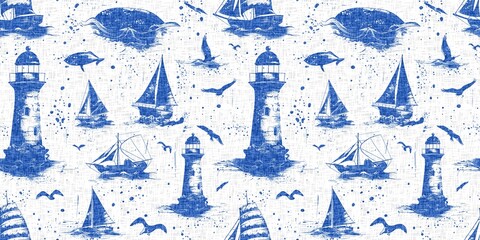 Coastal sail boat in azure ocean blue seamless border background. Modern sailing boat block print for decorative coast interior furnishing fabric for rustic linen beach cottage banner trend. 