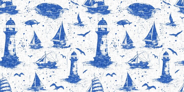 Coastal sail boat in azure ocean blue seamless border background. Modern sailing boat block print for decorative coast interior furnishing fabric for rustic linen beach cottage banner trend. 