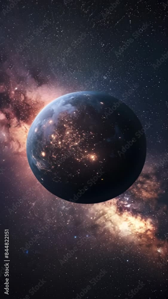 Poster view of a planet against the backdrop of the milky way galaxy. high-resolution space photography. co