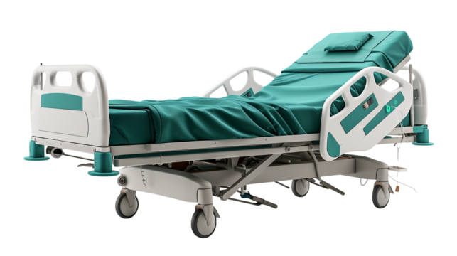Modern Hospital Bed with Adjustable Features and Teal Mattress