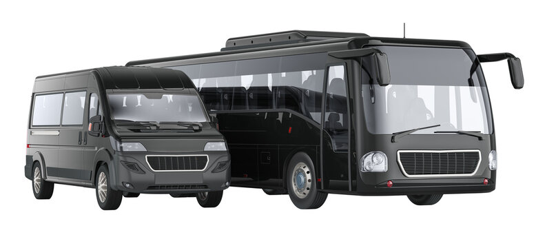 Black bus and minibus, 3D rendering isolated on transparent background