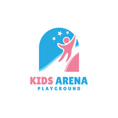 Kids arena logo design with children riding the playground slide symbol concept.