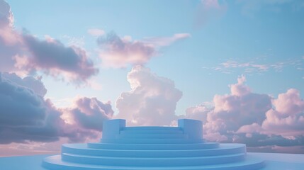 Minimalist blue podium set against a pastel sky, clouds drifting above, 3D scene for product showcase, serene and clean