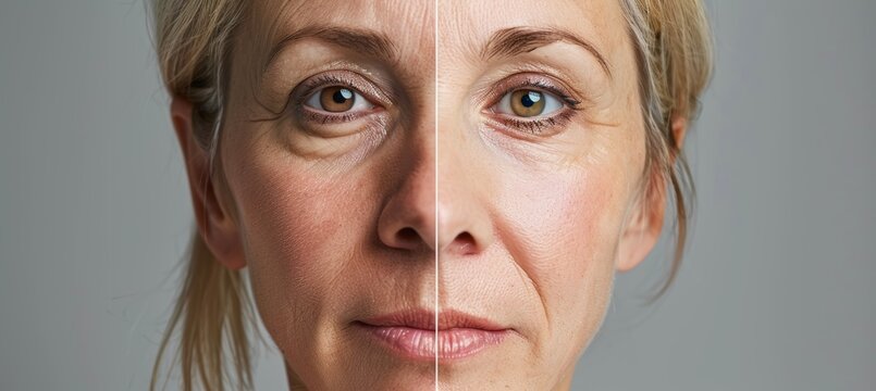 Middle-Aged Woman's Facial Transformation Highlighting Skin Tightness After RF Lifting Treatment