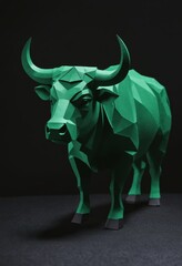 Low poly sculpture of a bull with horns and snout on a black background