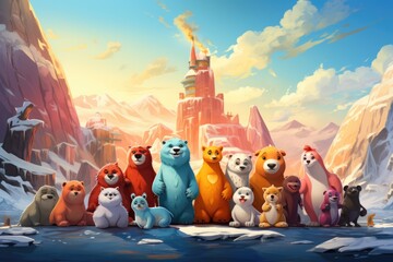 Heartfelt Call to Action - Cartoon Animals Advocating to Save Our Home in Melting Glacier Scene