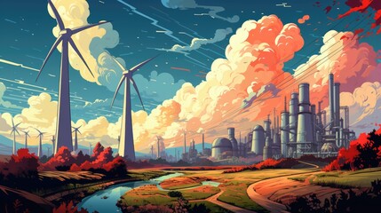 Eco-Friendly Energy Transition: Cartoon Factory vs Clean Renewable Sources - Digital Illustration with Bright Colors for Education and Inspiration