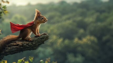 A brave squirrel in superhero gear, with a tiny cape and mask, standing on a tree branch looking out over the forest it protects