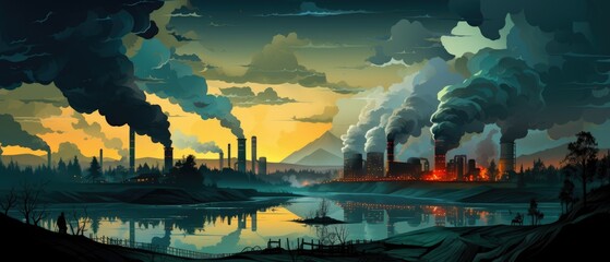 Pollution's Impact: Cartoon Factory Causing Deforestation and Pollution, Affecting Nature