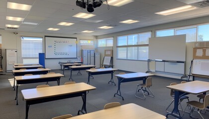 A bright, empty classroom with a large whiteboard and perfectly aligned desks