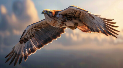 Fototapeta premium A fearless hawk in superhero attire, with a cape flowing behind it as it soars through the sky, eyes sharp and focused