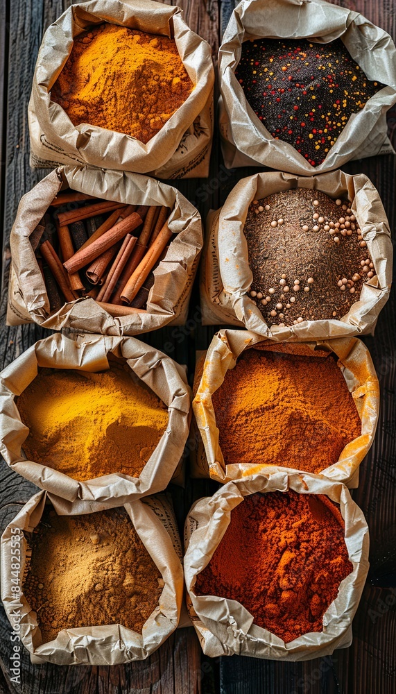 Poster a close-up shot of various dried spices in open paper bags arranged on a rustic wooden surface. the 