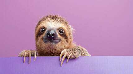 Fototapeta premium Creative Animal Concept. Sloth peeking over purple bright background