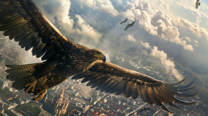 Fototapeta premium A heroic eagle with a powerful stance, wearing a cape and eye mask, soaring high above a city with a determined expression