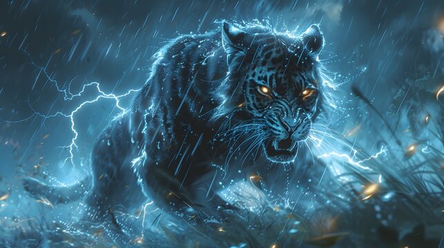Cyberpunk Style, With the power of a lightning strike, a furry creature shakes off the raindrops, its fur crackling with residual energy as it prowls through the undergrowth, a majestic predator of