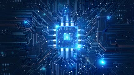 Fototapeta premium Abstract technology background of a quantum computing system with processor and electronic circuit. Artificial neurons