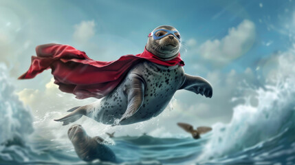A heroic seal in superhero attire, with a cape and mask, performing acrobatics in the water ready to save marine creatures