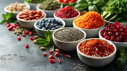 Close-Up of Assorted Healthy Organic Superfoods on White Background Showcasing Nutrient-Rich Variety and Vibrant Colors for Health-Conscious Diets