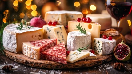Elegant presentation of assorted cheeses, bread, and wines on a charming rustic table