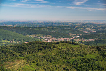 Forest and village landscape in the Pyrenees, France