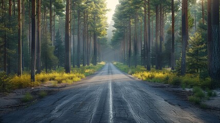 Obraz premium Neatly flexible asphalt road through minimalist landscape on the left and right side of the pine forest