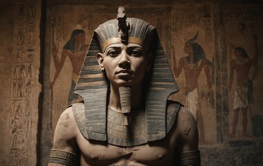 Ancient Egyptian king statue with jaw, beard, and pharaohs hat in darkness