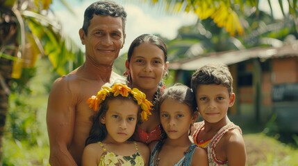 a family poses for a photo in front a house