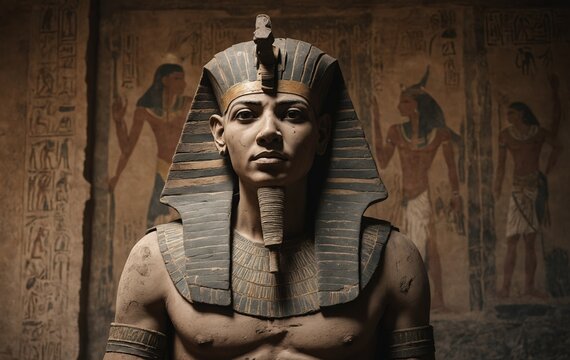 Ancient Egyptian king statue with jaw, beard, and pharaohs hat in darkness