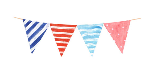 Fototapeta premium Flags hanging on rope. Flag garland in national red blue colors. Small flags in horizontal and vertical stripes. Happy 4th of July. Watercolor illustration. As template for frame, greeting