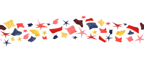 Seamless border with colored spots and stars. Abstract watercolor splashes. Wave like movement of figures. Simple native forms. Stain brush strokes. Hand drawn illustration. For textile, banner