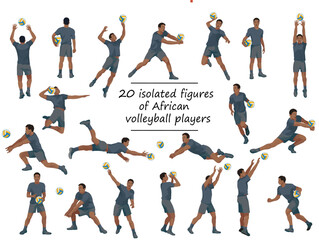 Black African volleyball team players in black sports equipment training, running, jumping, throwing, hitting the ball