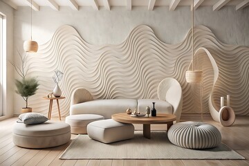 Modern furniture and wavy walls in living room