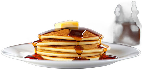 stack of pancakes with syrup and butter on a plate