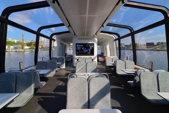 Interior of electrical ship or aquabus boat floating on Moskva River
